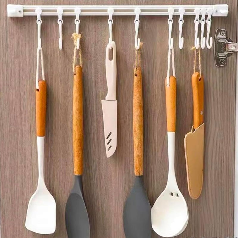 TTYGRHQ 2Pcs Multifunctional Slide Rail Hook, Adhesive Wall Hooks Rack Kitchen Rail, Space Saving Utensil Rack with 10 Hooks No Drilling Hanger for Bathroom Kitchen Bedroom Office(40cm/15.7in) - Image 3